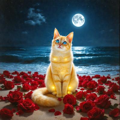 The primary subject of the image is a cat sitting on a beach at night. The cat is surrounded by a beautiful scene of red roses scattered across the sand. The setting is a beach at night, with the moon visible in the sky. The visual style of the image is a combination of photo and digital art, creating a captivating and serene atmosphere. The dominant colors are red and orange, with the red roses adding a touch of warmth and beauty to the scene.